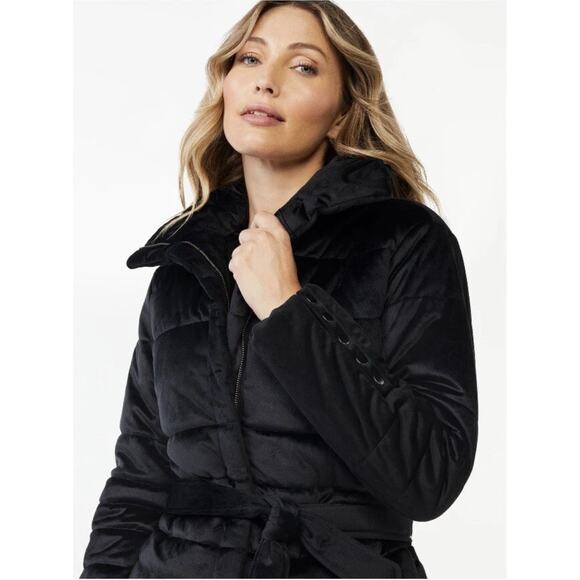 NWT SOFIA JEANS SOFIA VERGARA Velveteen Puffer Jacket Belted Plush Black Women M - Picture 1 of 11